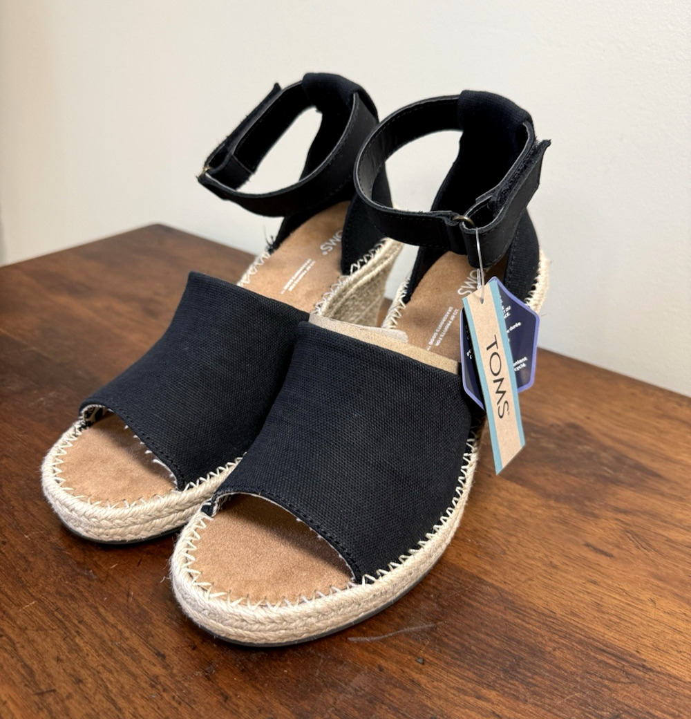 TOMS Marisol Womens 7.5 Black Espadrille Wedge Sandals Ankle Strap NWT